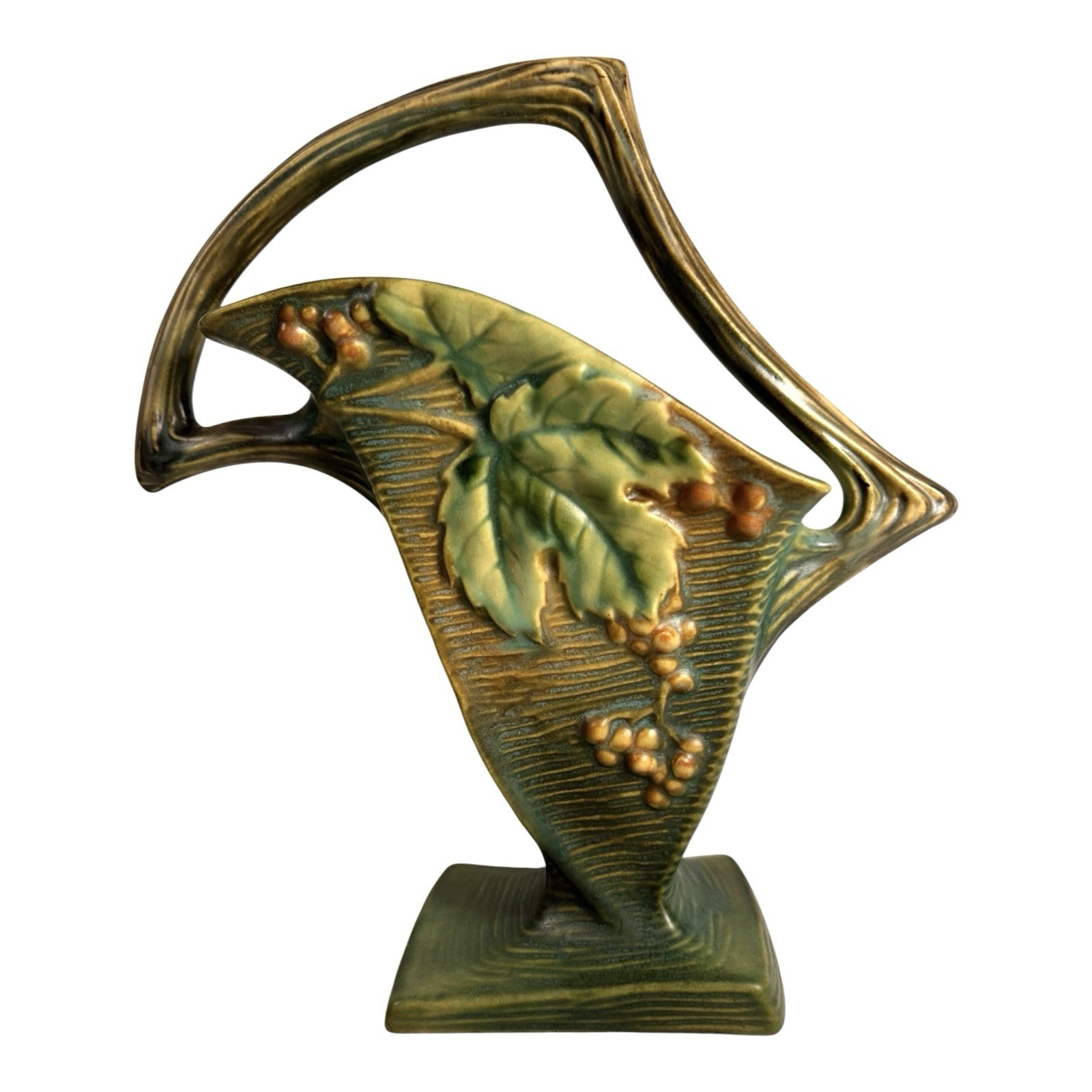 Antique Roseville Art Pottery Bushberry Art Deco Handled Basket Vase 37 1-10 Antique Roseville Art Pottery Bushberry Art Deco Handled Basket Vase 37 1-10
