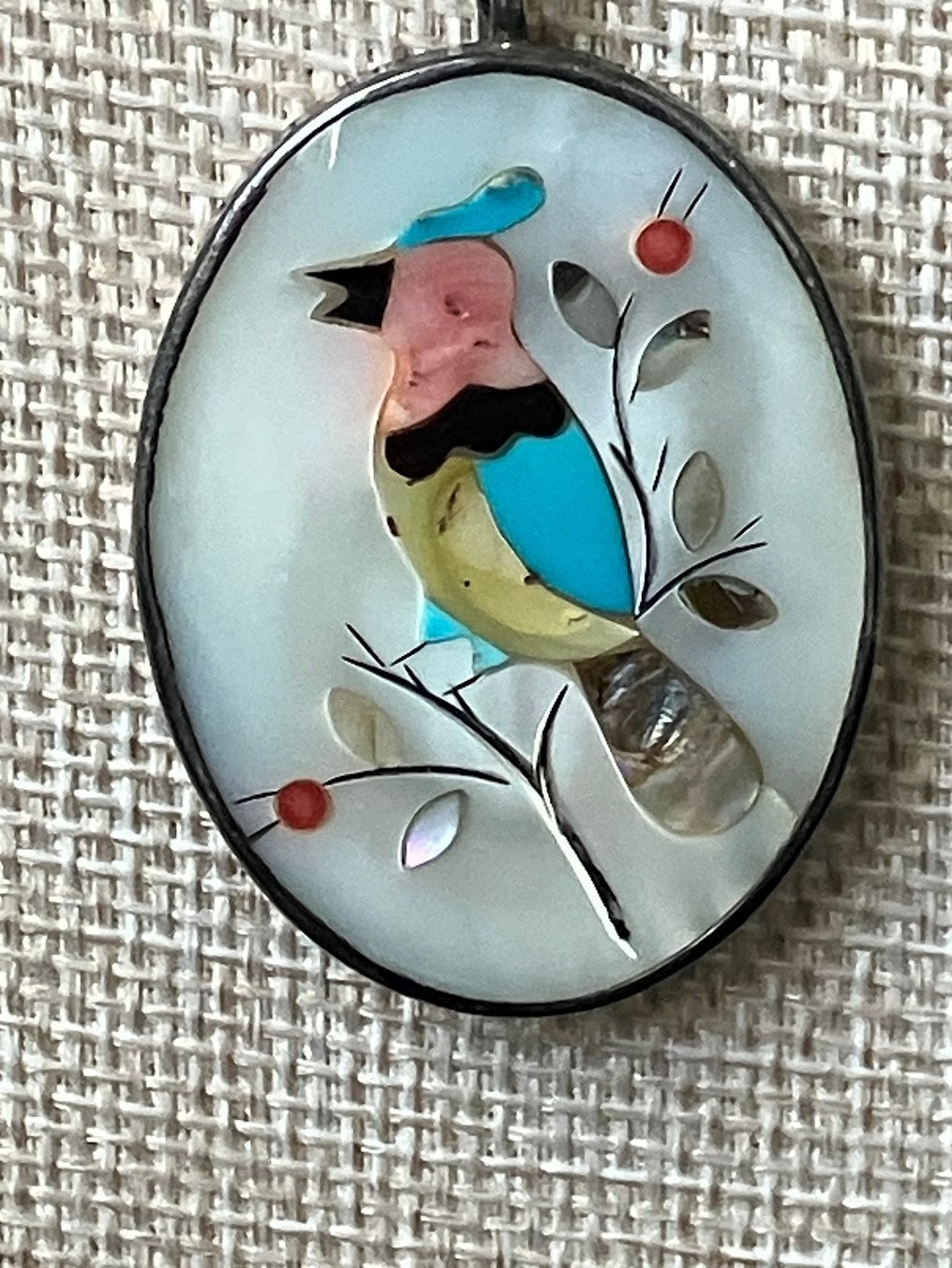 Vintage Multi Stone Inlay Pendant Bird Mother of Pearl Sterling Signed READ Vintage Multi Stone Inlay Pendant Bird Mother of Pearl Sterling Signed READ
