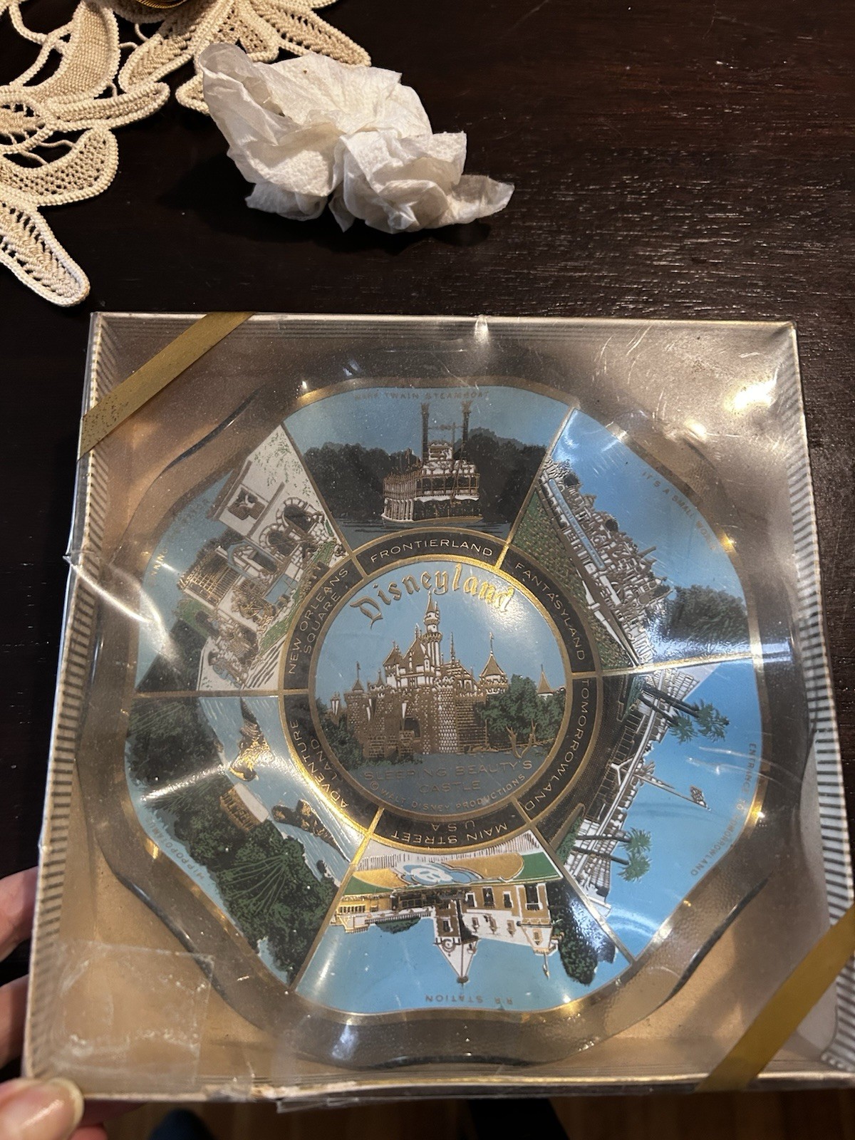 Vintage 1960s Disneyland Lands Scalloped Glass Dish Original Box