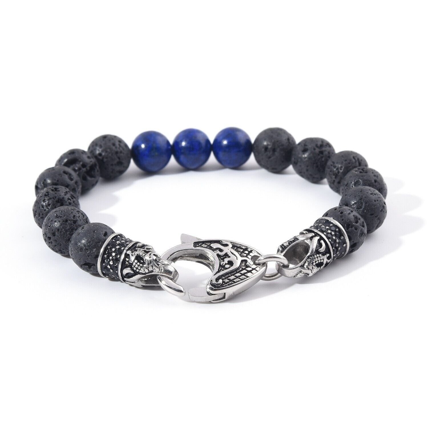 Genuine Black Lava Volcanic Lapis Stainless Steel Beaded Bracelet Men\'s