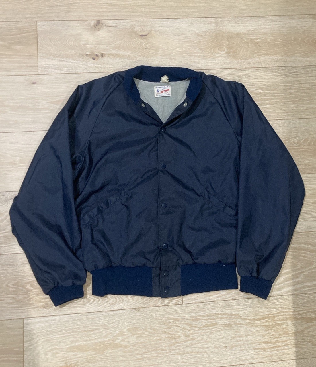 Very rare vintage 60s Butwin blank navy nylon snap button bomber jacket
