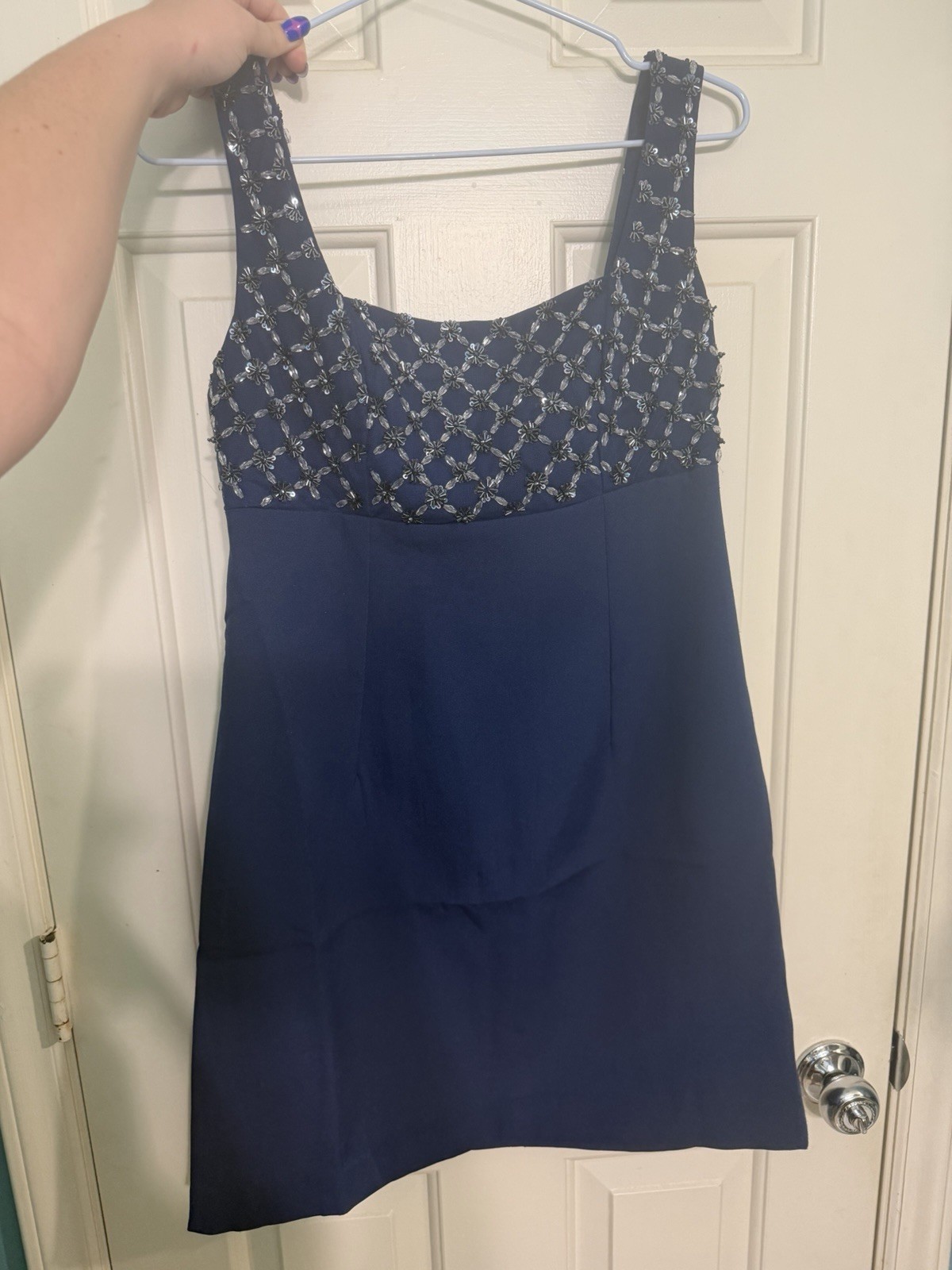 French Connection Women’s Blue Crepe Embroidered Shift Dress Sleeveless Short 6