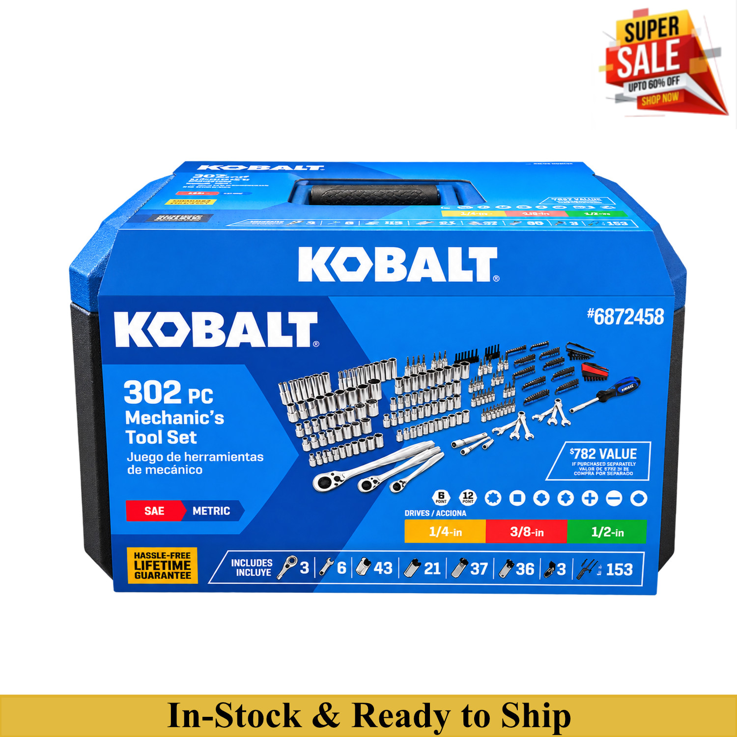 Kobalt 302-Piece Standard & Metric Polished Chrome Mechanics Tool Set with CASE