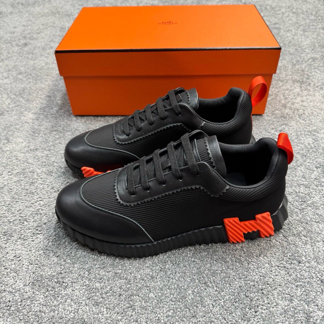 Men's Hermes Bouncing Sneakers Black Orange Mesh Leather Casual Shoes Size Men's Hermes Bouncing Sneakers Black Orange Mesh Leather Casual Shoes Size