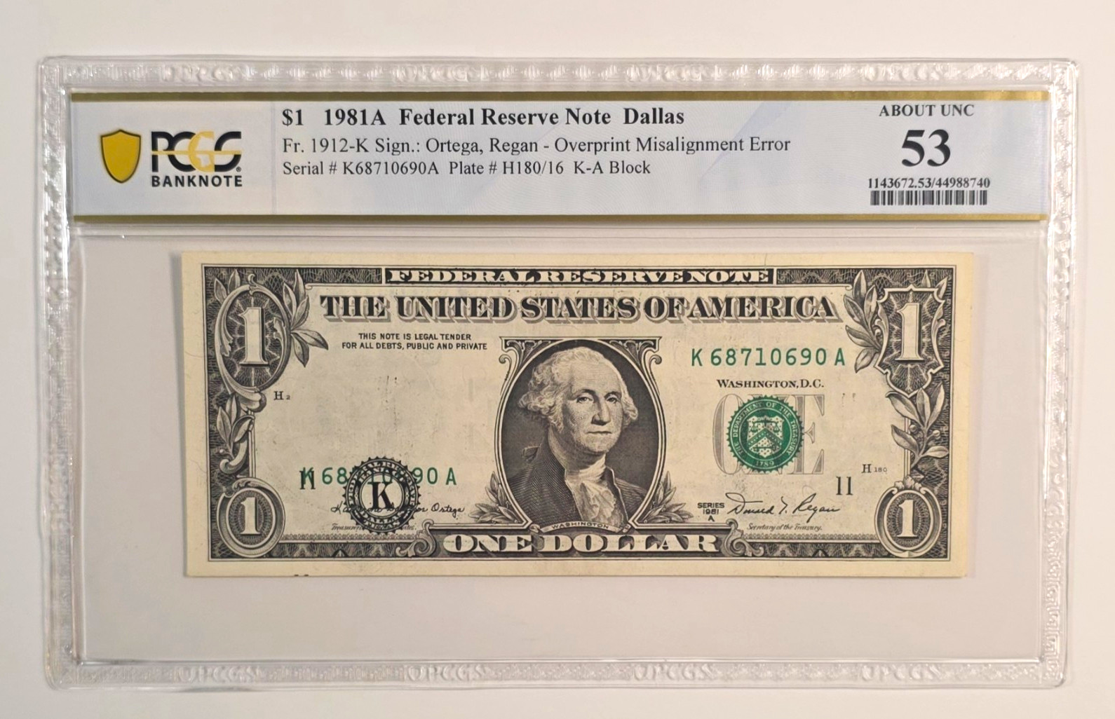 1981A $1 Federal Reserve Note PCGS AU53 Overprint Misalignment ERROR Dallas