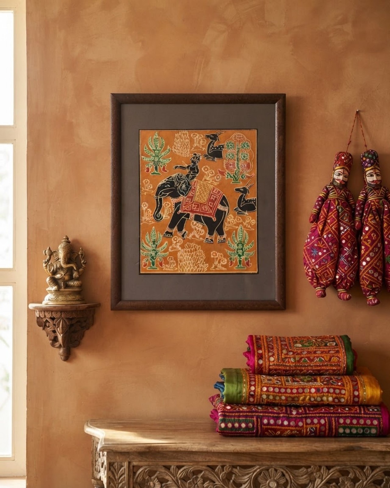 Vintage - Traditional Indian Leather Painting - Framed - Elephant Folk Artwork Vintage - Traditional Indian Leather Painting - Framed - Elephant Folk Artwork