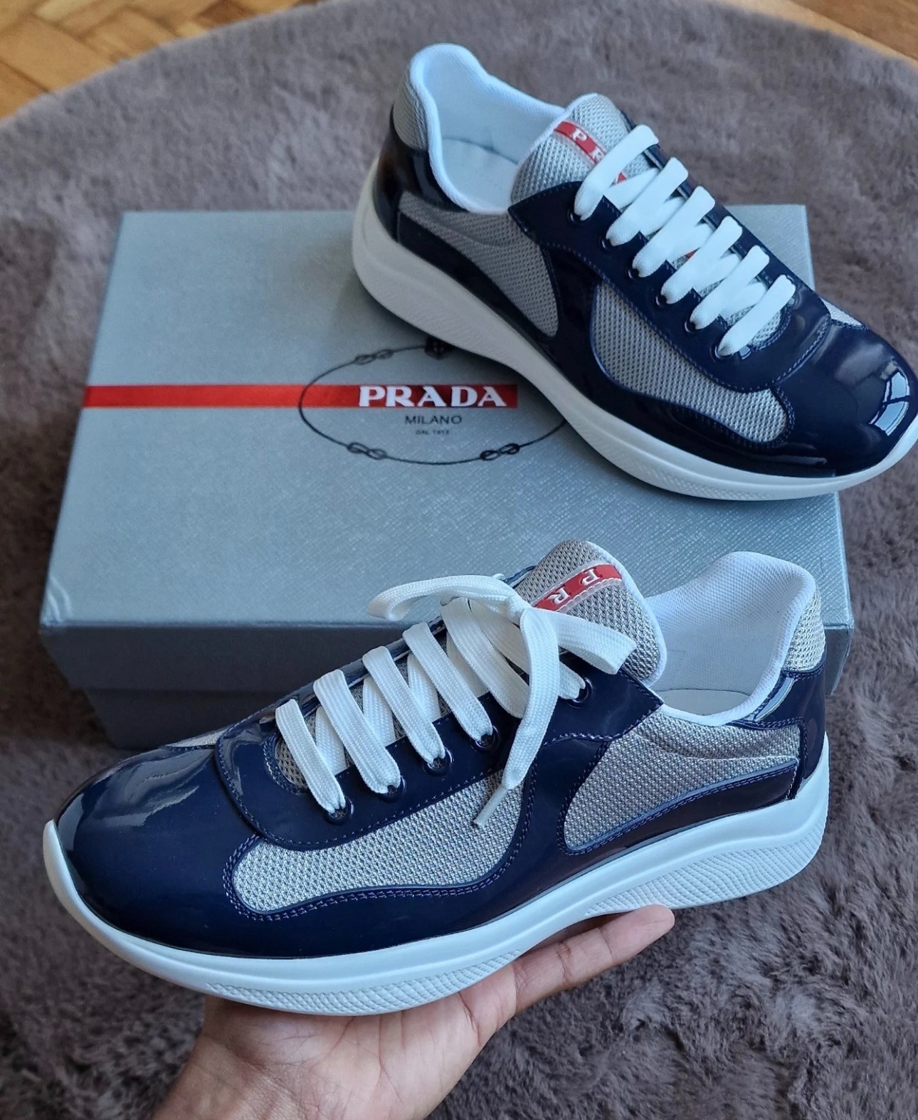 4E3400 ASZ F0FJT Prada America\'s Cup Royal Blue Silver Patent Men\'s Sneakers 4E3400 ASZ F0FJT Prada America\'s Cup Royal Blue Silver Patent Men\'s Sneakers