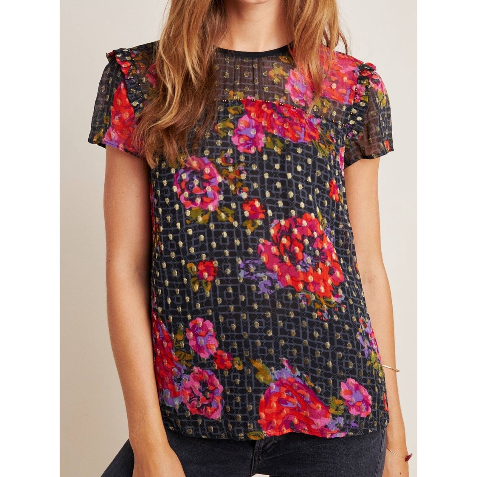 Anthropologie Fiorella floral blouse Top Ruffles Polka Dot size 10 NWT