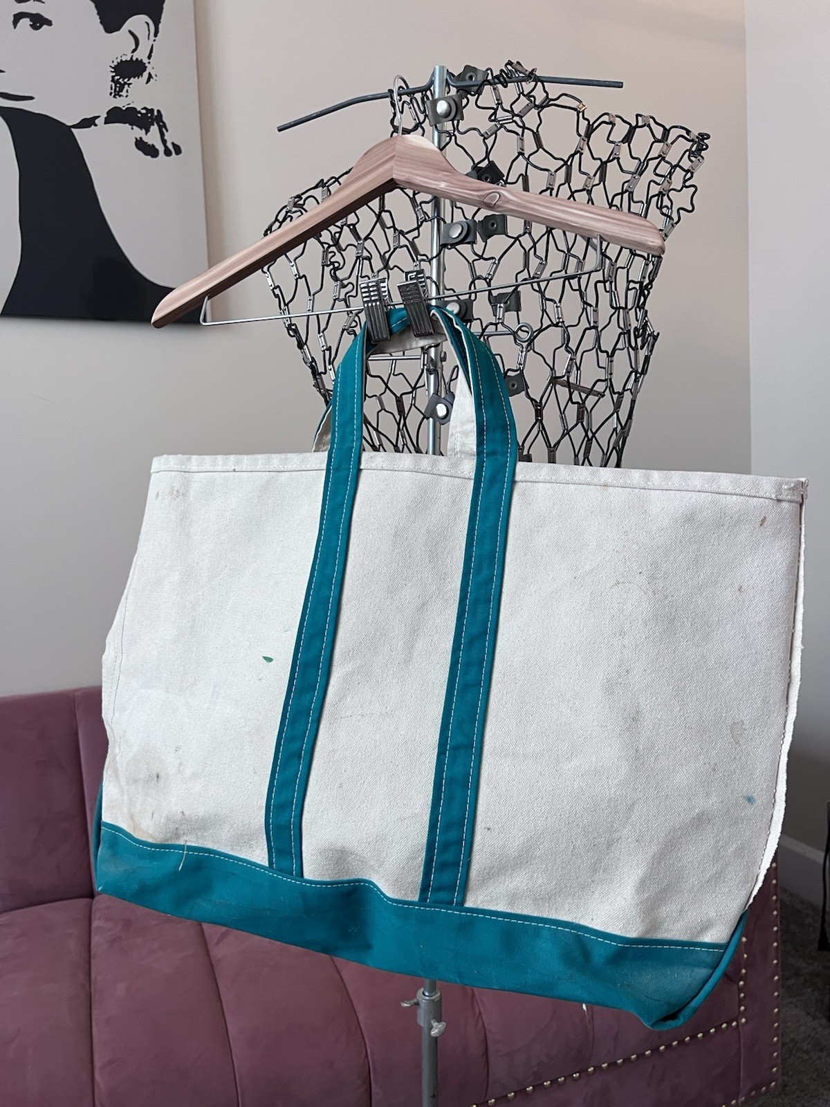 Vtg LL Bean Boat and Tote Canvas Bag Green Cream Zig Zag Tag 80s Large Rare Vtg LL Bean Boat and Tote Canvas Bag Green Cream Zig Zag Tag 80s Large Rare