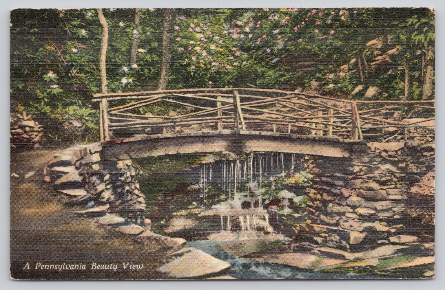 Vintage RHODODENDRON BRIDGE Cresson PA Linen Postcard Curt Teich 1942 Waterfall