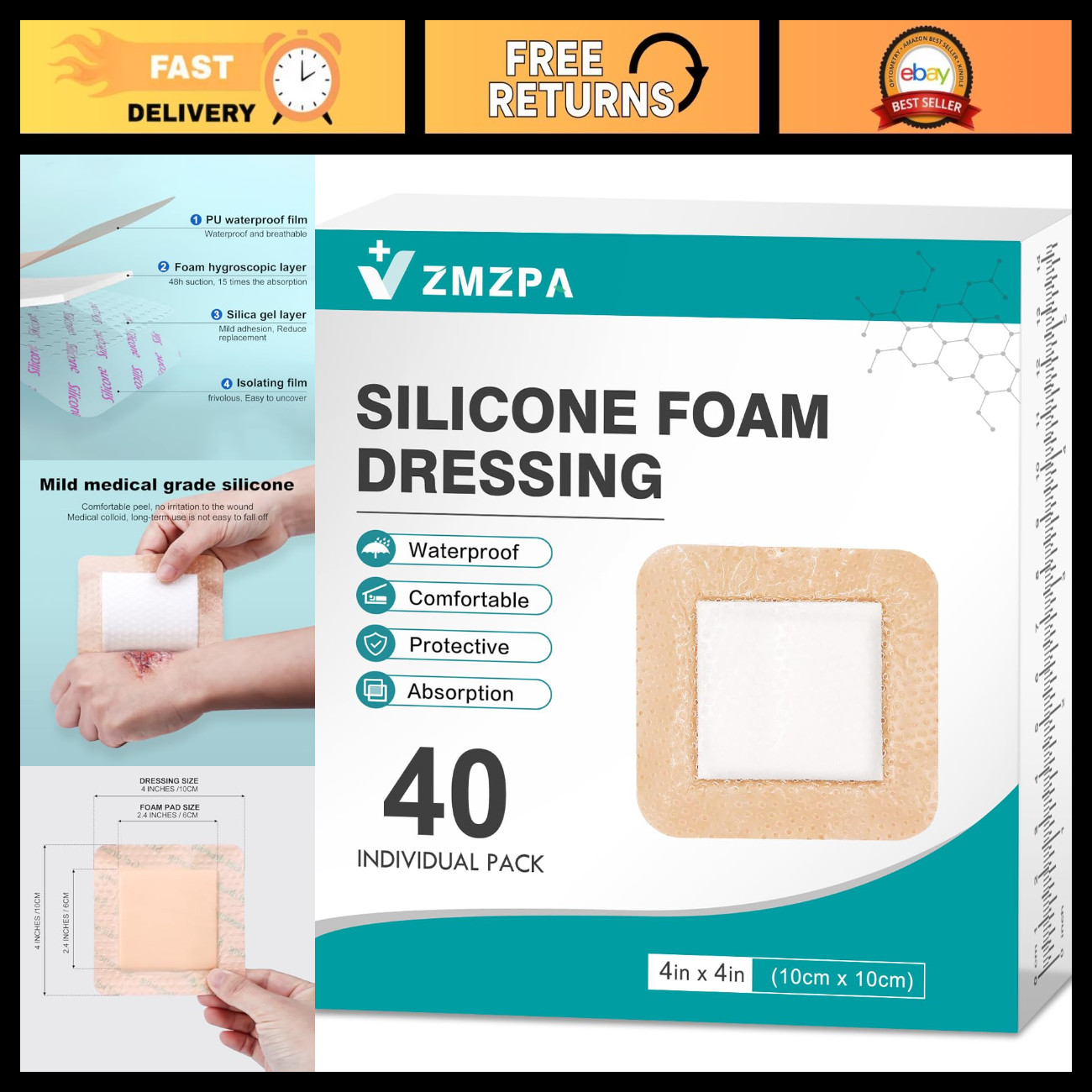 40Pcs Waterproof Silicone Foam Bandages 4x4 - Absorbent Wound Care Dressings