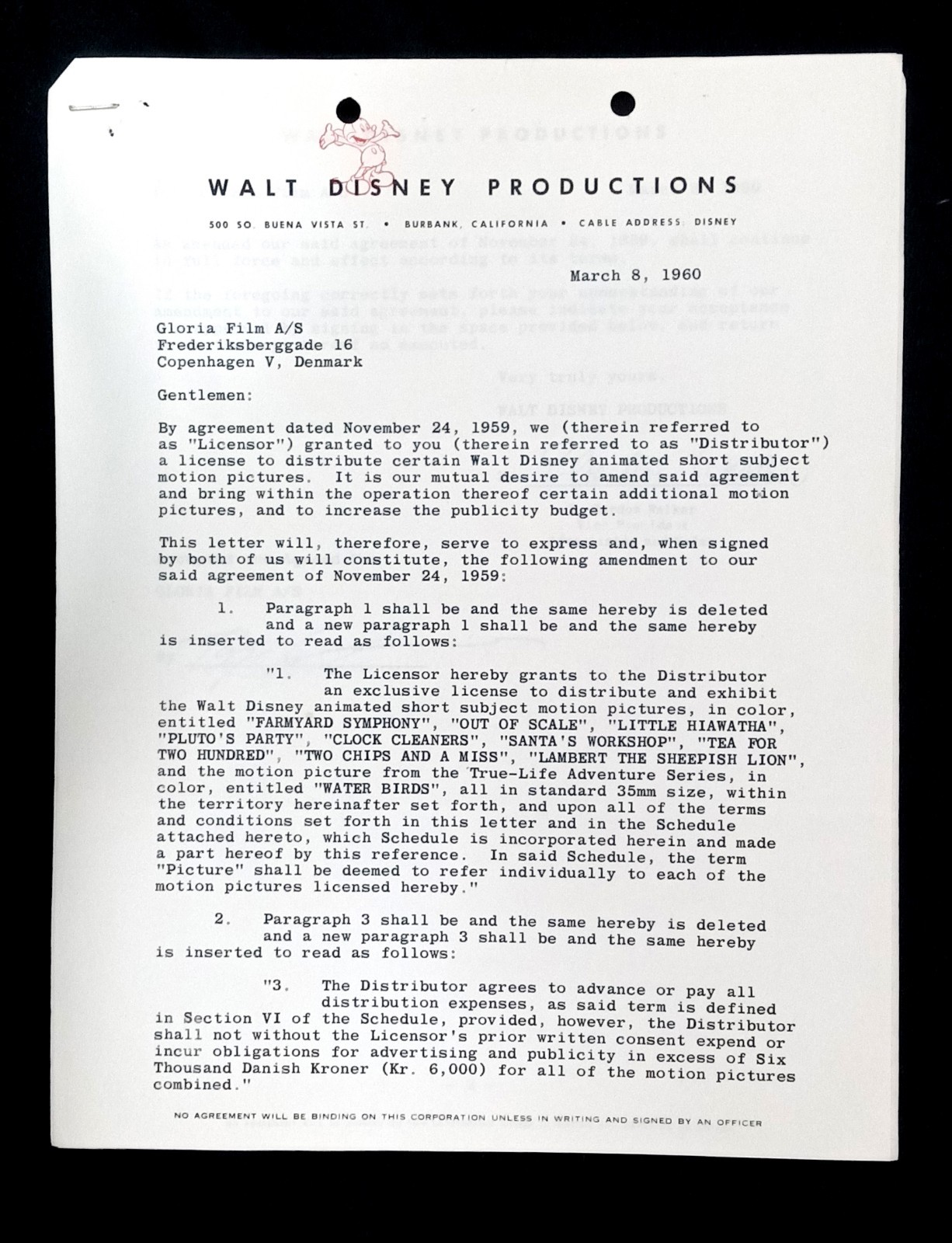 1960 Walt Disney Productions Signed Distribution Agreement Animated Shorts