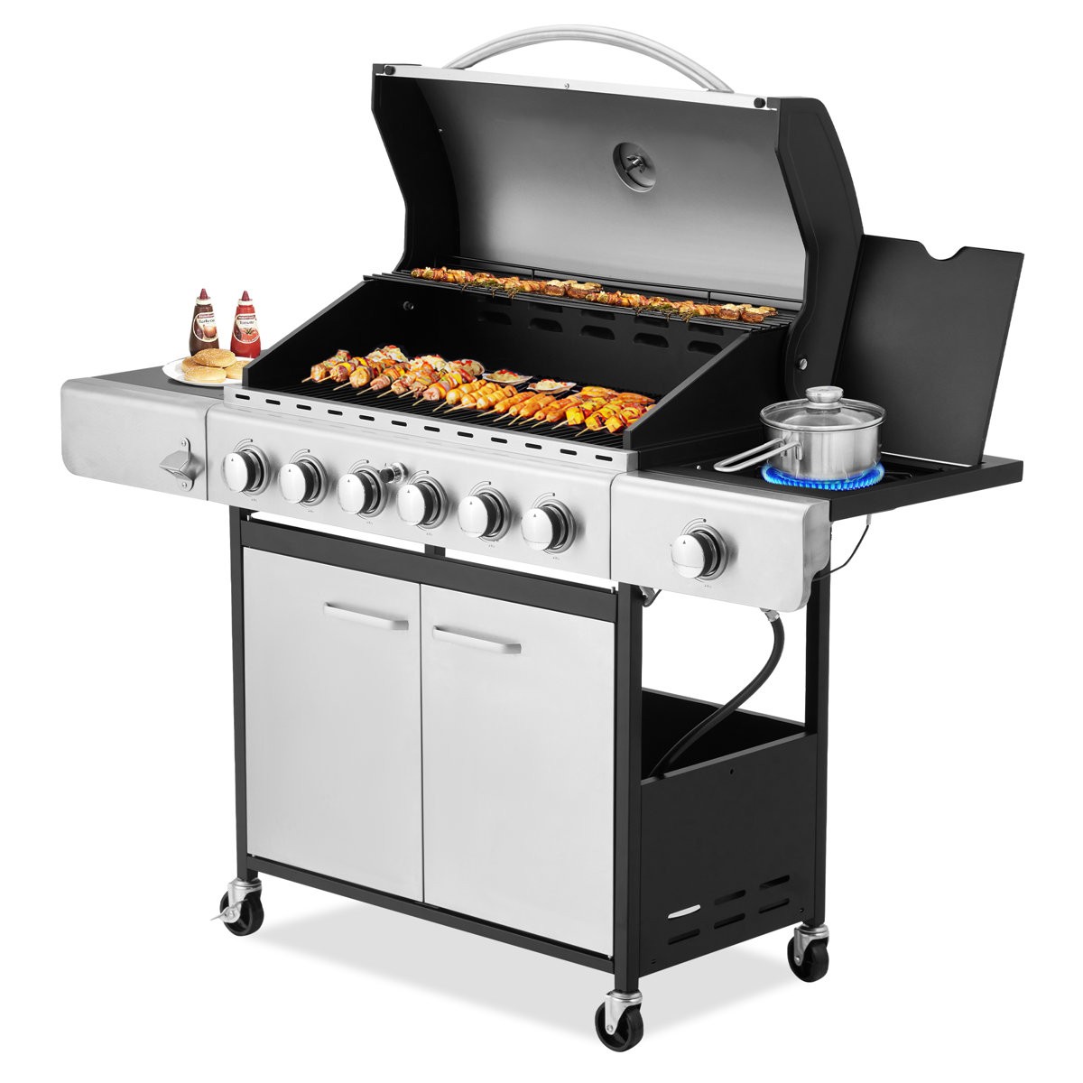 6 Burner Propane Gas Grill with Side Burner Cabinet 58000 BTU Outdoor BBQ 6 Burner Propane Gas Grill with Side Burner Cabinet 58000 BTU Outdoor BBQ