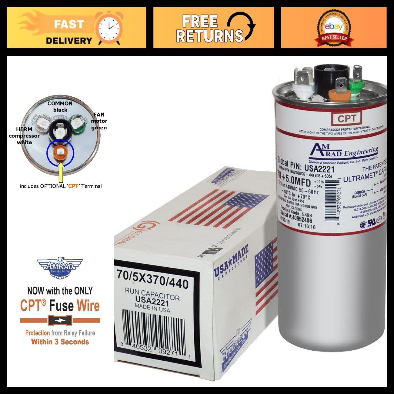 Dual Universal Capacitor 70/5 uf 370/440 VAC Round AmRad Replacement - USA Made Dual Universal Capacitor 70/5 uf 370/440 VAC Round AmRad Replacement - USA Made