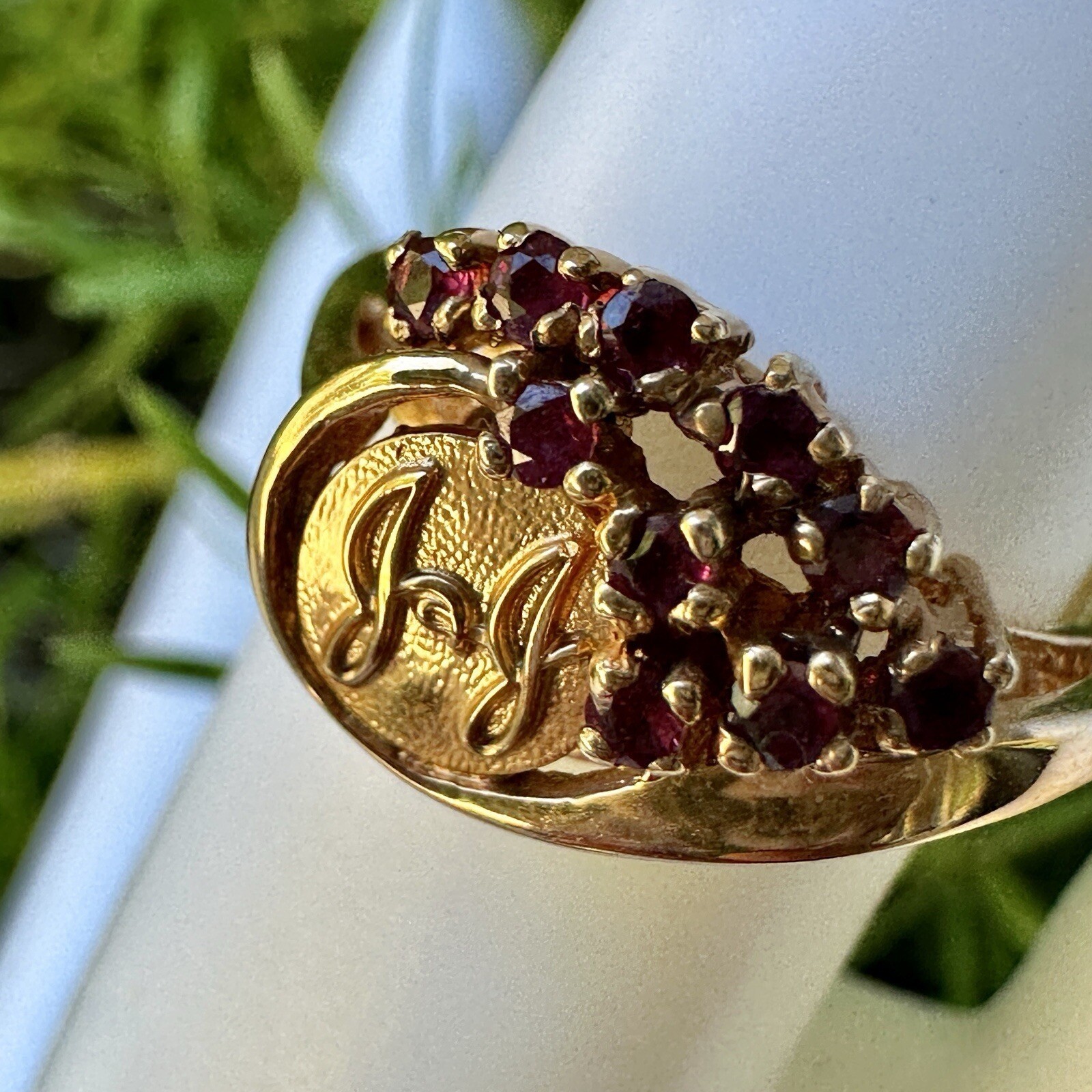 Vintage Jostens Statement Ring Stamped 14k Gold Ruby Cluster Sz 7.5 JJ Logo 3.8g Vintage Jostens Statement Ring Stamped 14k Gold Ruby Cluster Sz 7.5 JJ Logo 3.8g