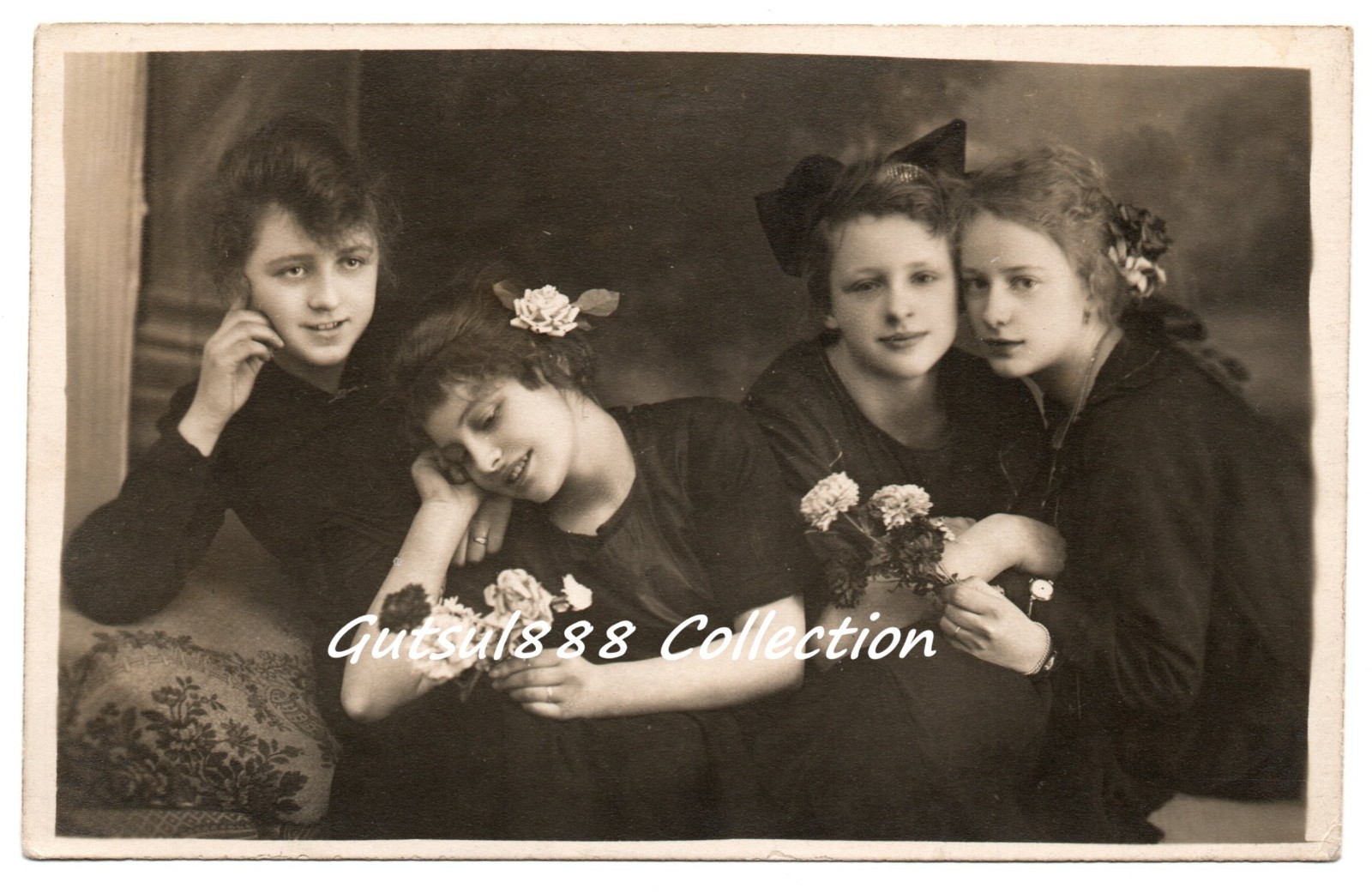 Antique photo 1900s. Beautiful young girls. LGBT. Love. flowers. russian Empire