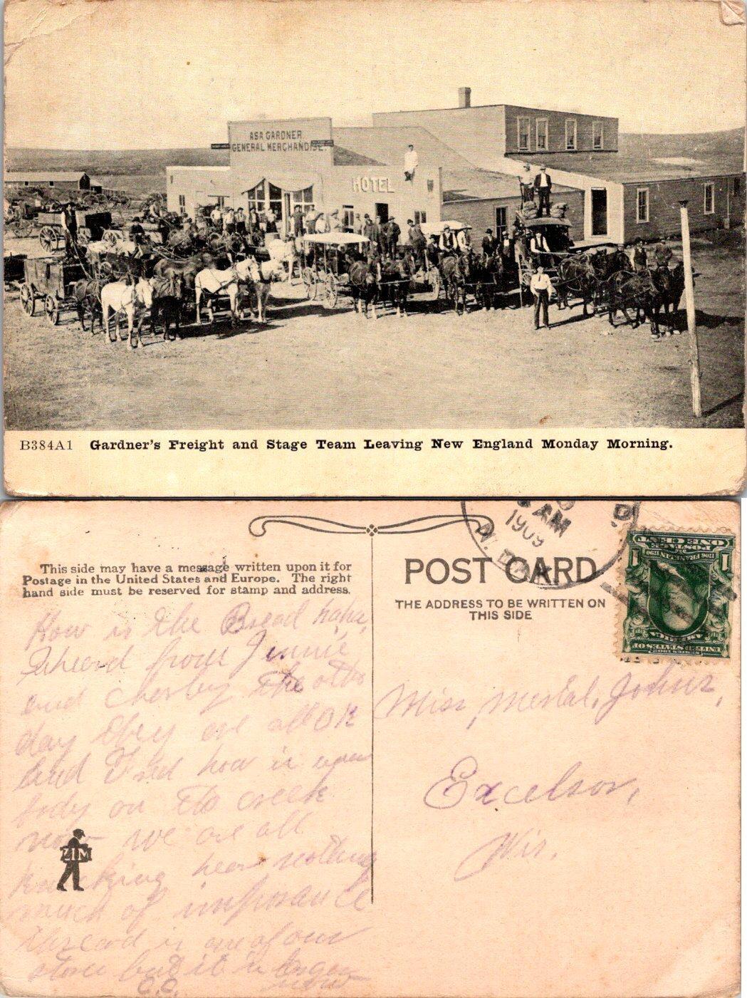 Vintage Postcard - Gardner's Freight and Stage Team Leaving New England Mon Morn