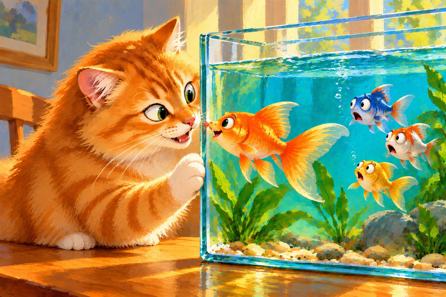 Original Hand Painted Cat & Goldfish Funny Wall Art 24x16 Canvas Painting Original Hand Painted Cat & Goldfish Funny Wall Art 24x16 Canvas Painting
