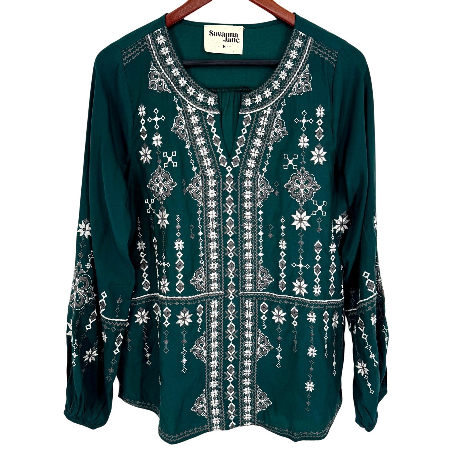 NEW NWOT Anthropologie Savanna Jane Medium Green Embroidered Boho Shirt Top
