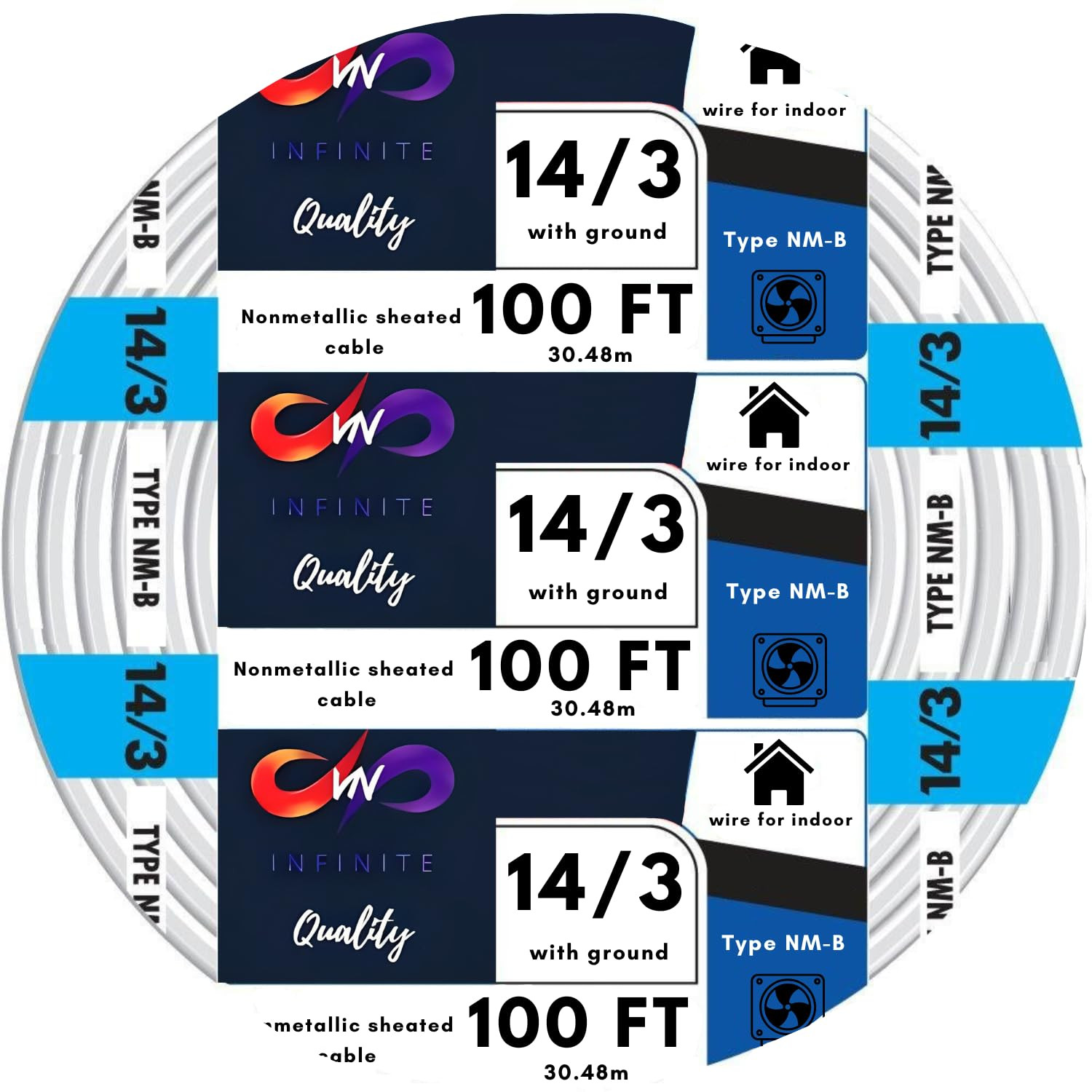 14/3 NM-B Wire with Ground NMB Cable 14 Gauge, 3 Conductor Electrical Wire Non-M