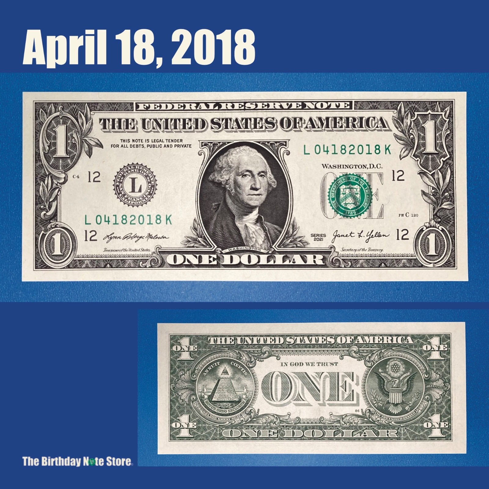 April 18, 2018 Birthday Anniversary $1 One Dollar Bill Serial Number 04182018 April 18, 2018 Birthday Anniversary $1 One Dollar Bill Serial Number 04182018