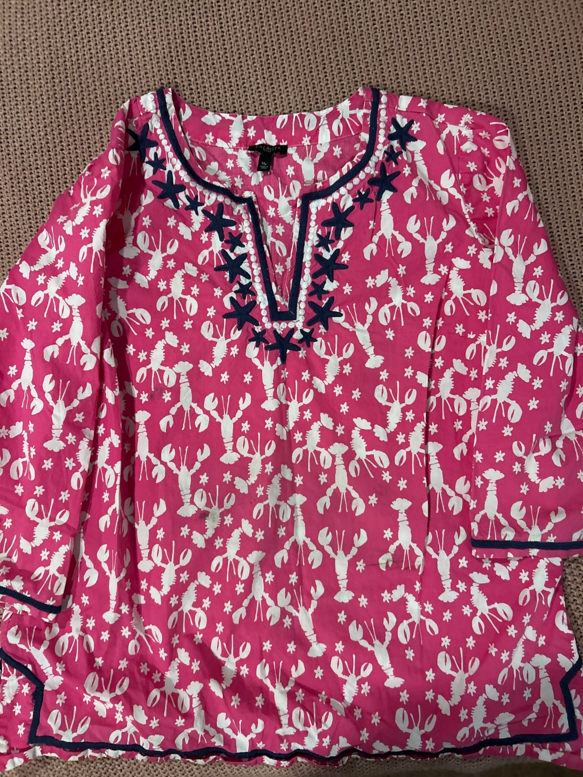 Talbots Petites Lobster Print Tunic MP Pink White Navy Embroidered Starfish Coas Talbots Petites Lobster Print Tunic MP Pink White Navy Embroidered Starfish Coas