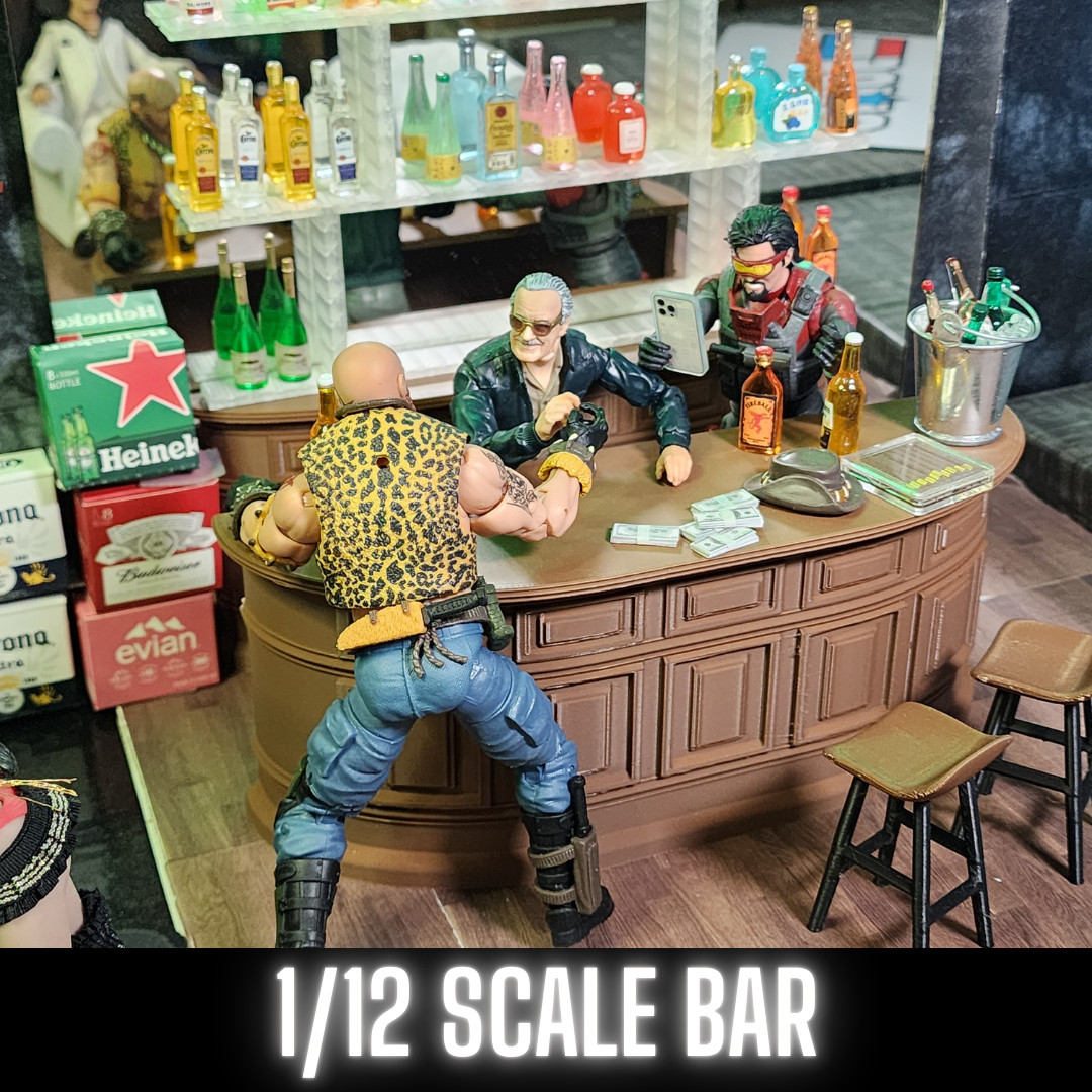 1/12 SCALE BAR SET, With Back Bar and Bottle Rack and 2 Bar Stools,  3D Custom
