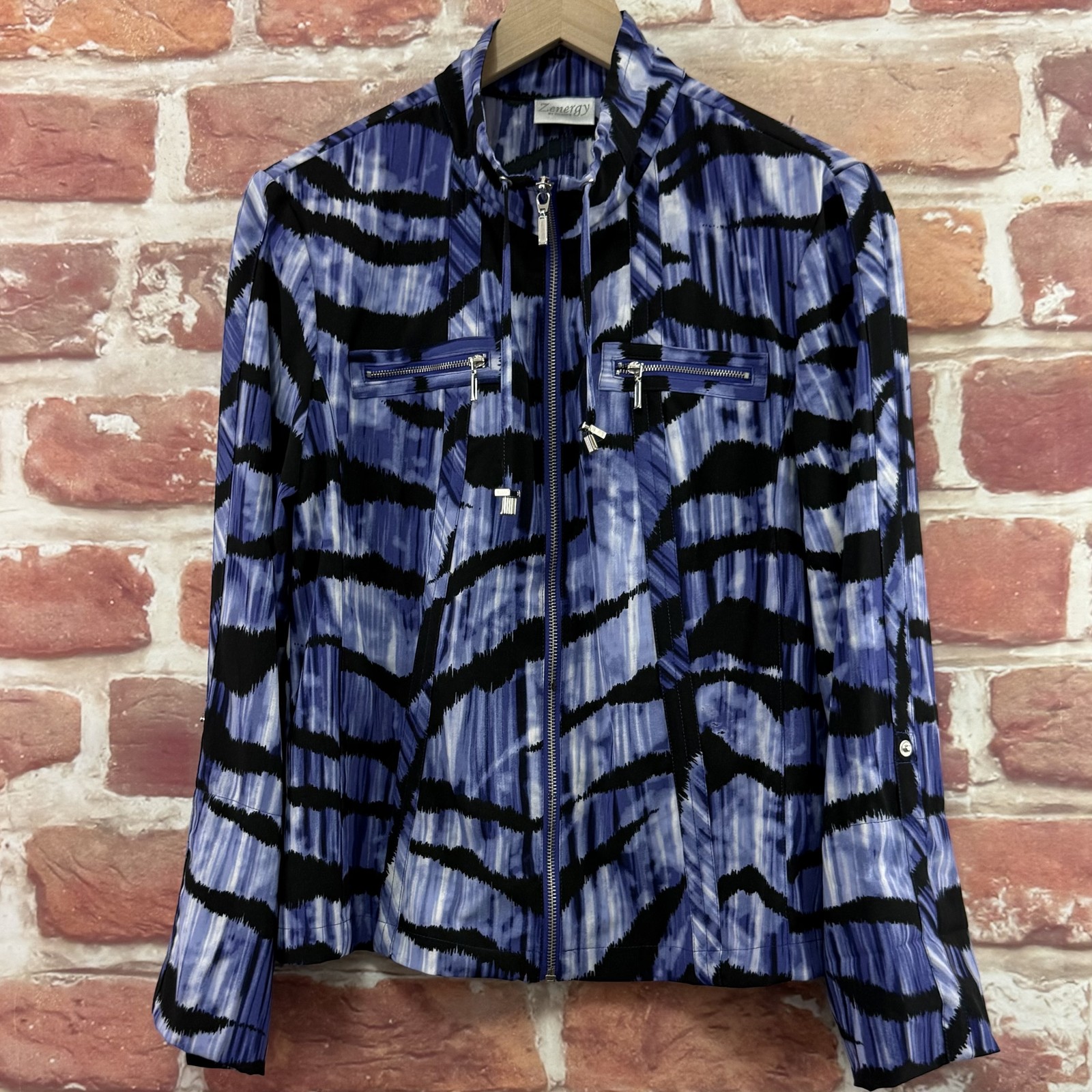 Chicos Zenergy Neema Desi Stripe Bay Jacket Womens M Blue Purple Lightweight