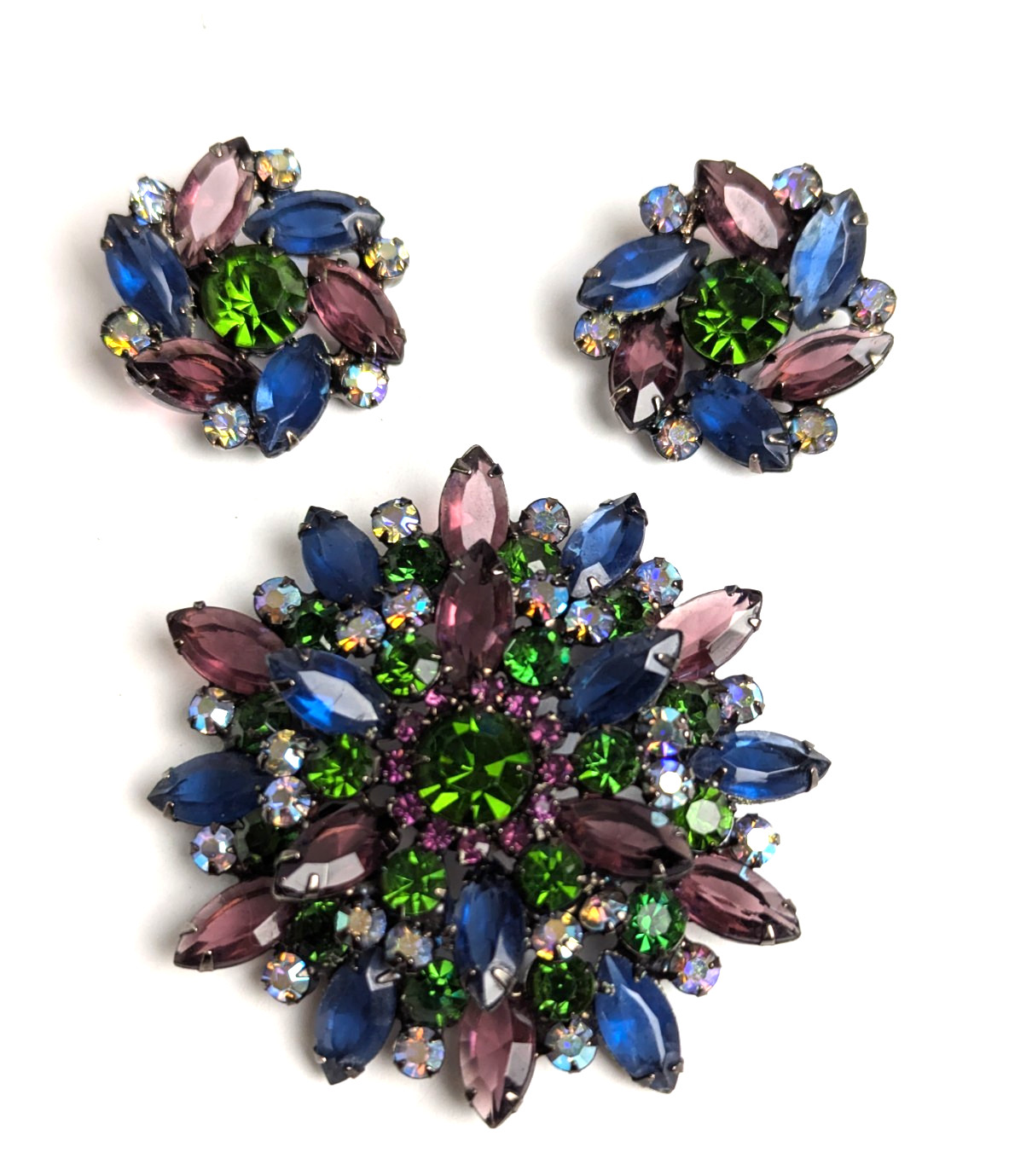Juliana Large Brooch and Clip Earrings Verified Purple & Blue Navettes Gorgeous Juliana Large Brooch and Clip Earrings Verified Purple & Blue Navettes Gorgeous