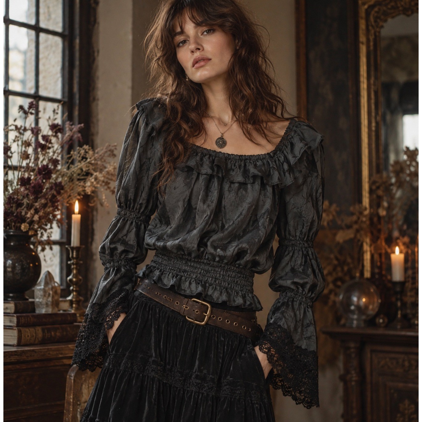 Vintage Small Black Top Whimsigoth Boho Witchy Lace Ruffle Bell Sleeve Y2K Goth