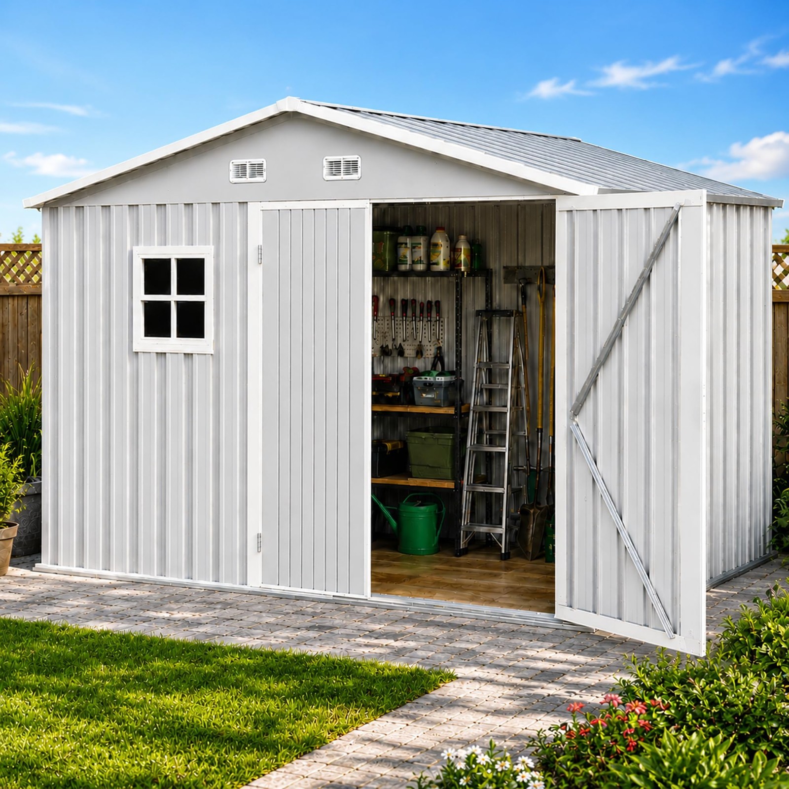 8x10 FT Outdoor Metal Storage Shed with Window,Lockable Metal Garden Tool Shed