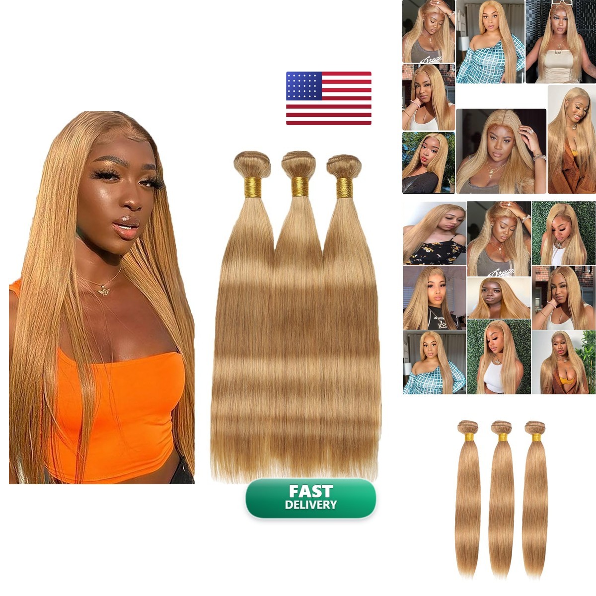 Giginger Brazilian Human Hair Bundles 24 26 28 Inch Honey Brown 27 Color