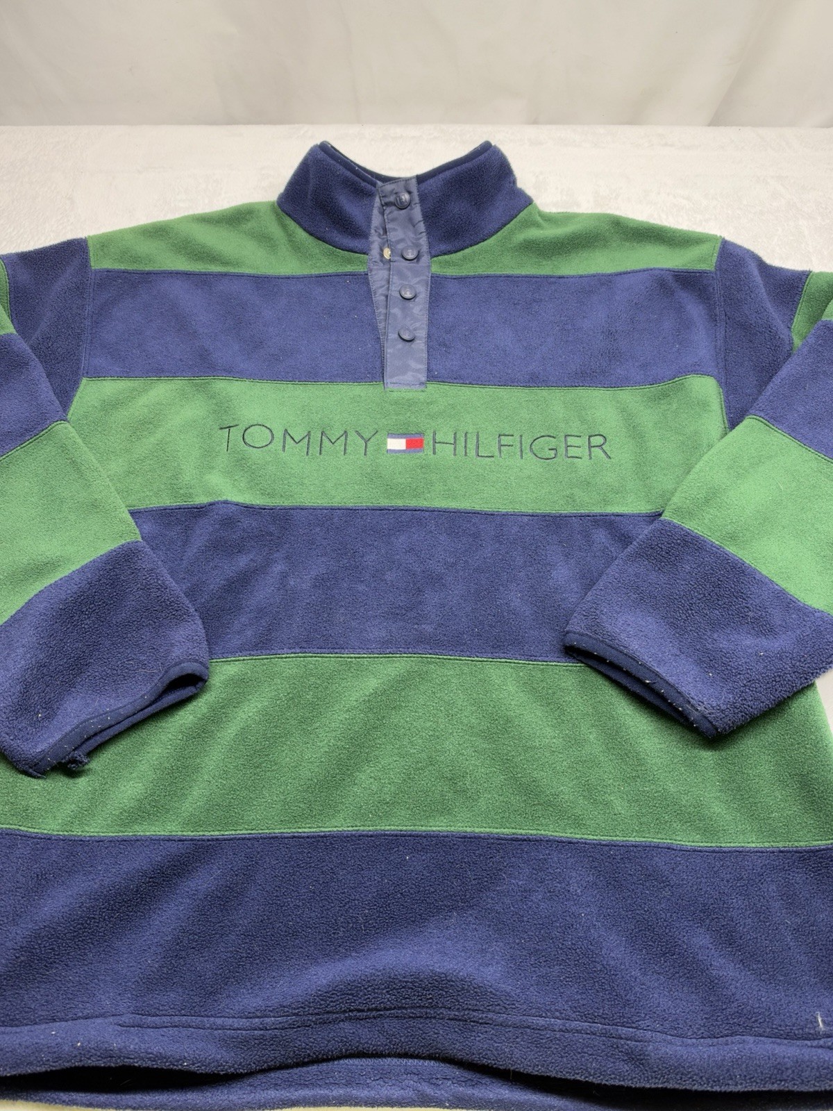 Tommy Hilfiger Men\'s Green Striped Fleece Pullover 1/4 Button Vintage 90s L