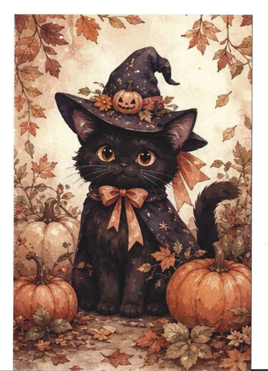 NEW HALLOWEEN KITTEN POSTCARD 4X6 BLACK CAT WITCHES HAT ORANGE PUMPKINS & LEAVES