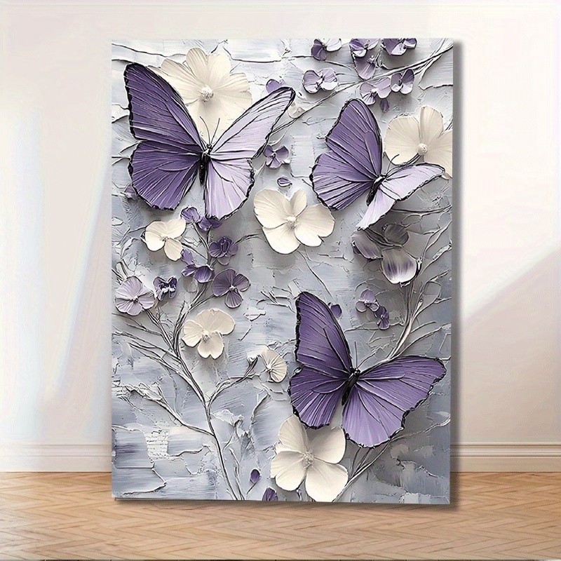 Pale Purple Butterfly Floral Impasto Framed Canvas Gift For Home Decor