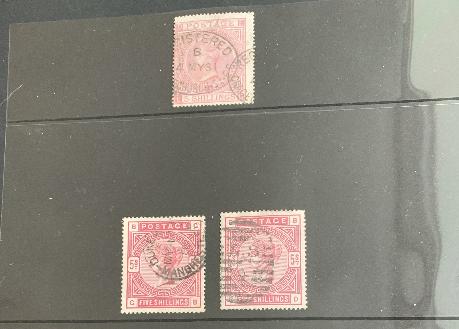 GB QV 5/- (3 STAMPS INC. 1867-83 5/- PLATE 2 WITH DATESTAMP ETC.)