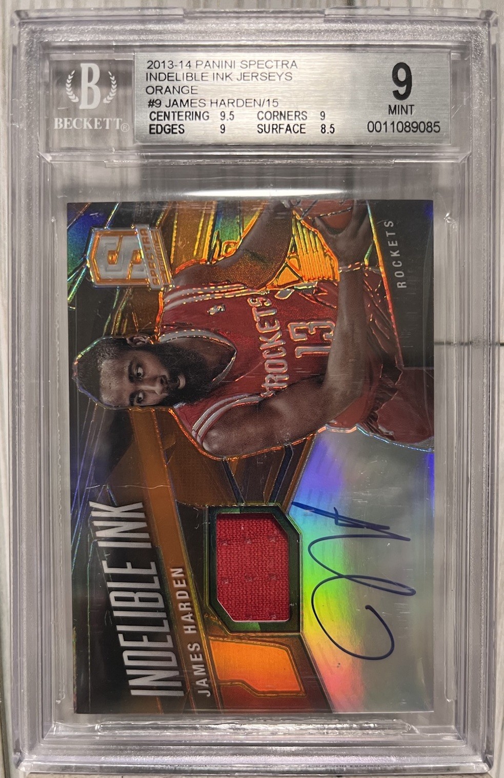 2013 Panini Spectra James Harden Auto 10/15 On-Card Game Worn Jersey Prizm BGS 9 2013 Panini Spectra James Harden Auto 10/15 On-Card Game Worn Jersey Prizm BGS 9