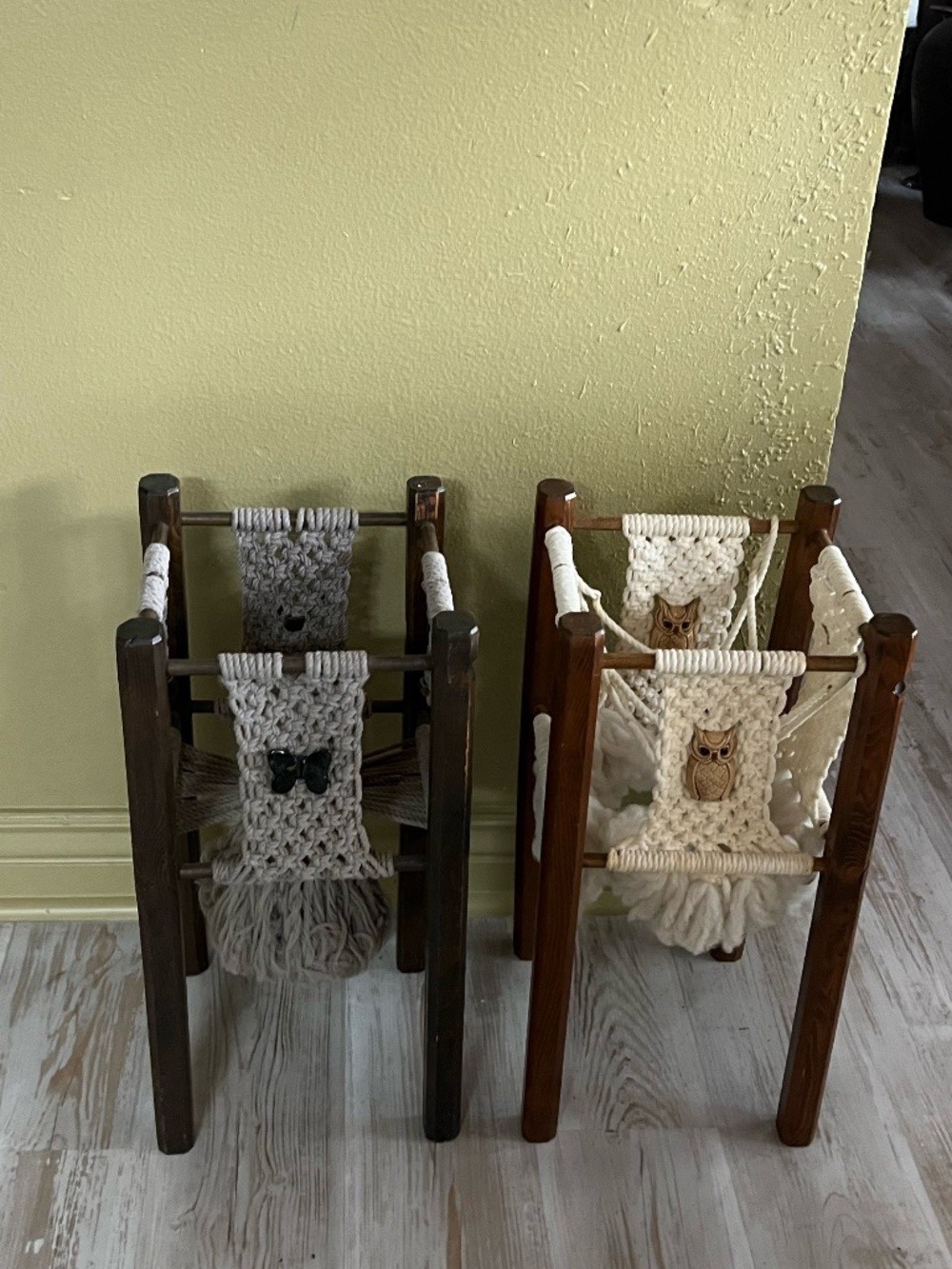 Vintage Handmade wooden and macrame plant stands featuring a woven owl pattern Vintage Handmade wooden and macrame plant stands featuring a woven owl pattern