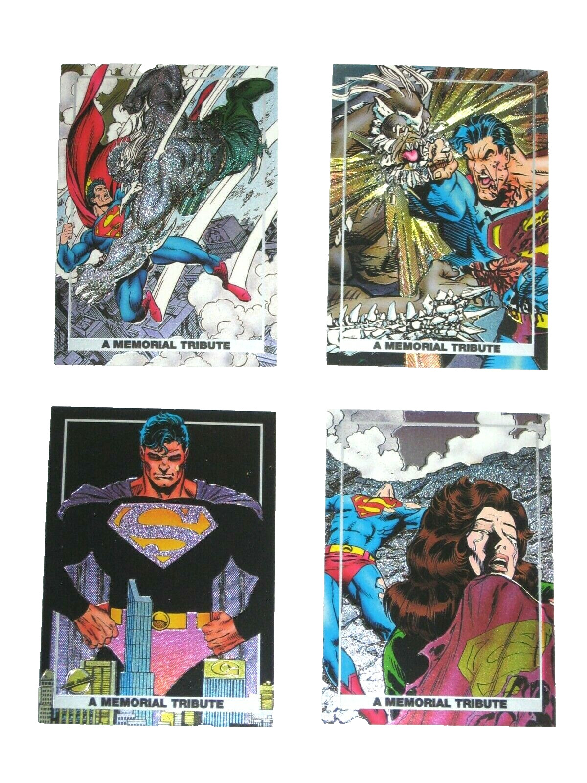 1992 Doomsday Death of Superman MEMORIAL TRIBUTE SPECTRA FOIL INSERT 4 CARD SET
