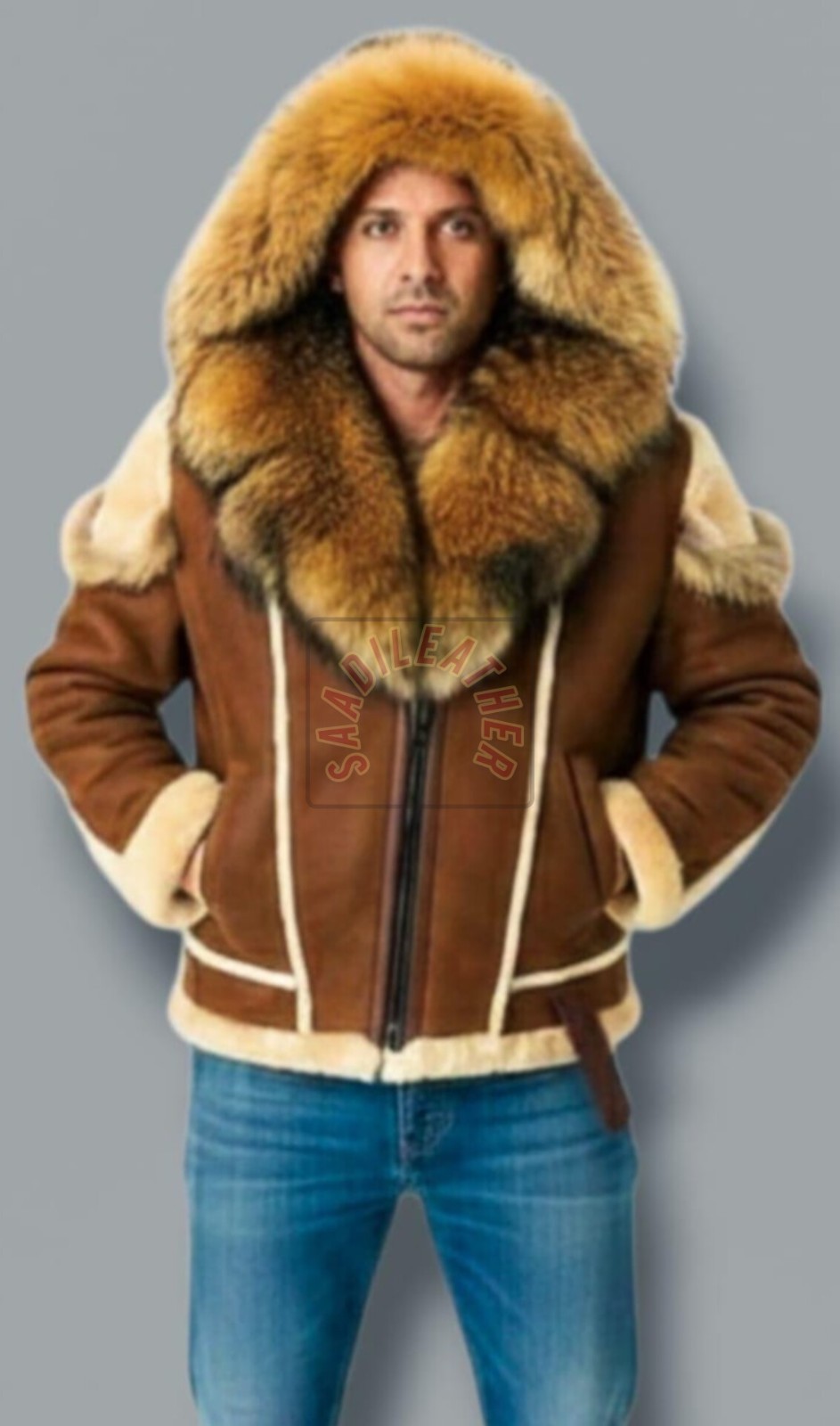 “Men’s Brown Shearling Sheepskin Leather Jacket Fur Hooded Winter Warm Coat “Men’s Brown Shearling Sheepskin Leather Jacket Fur Hooded Winter Warm Coat