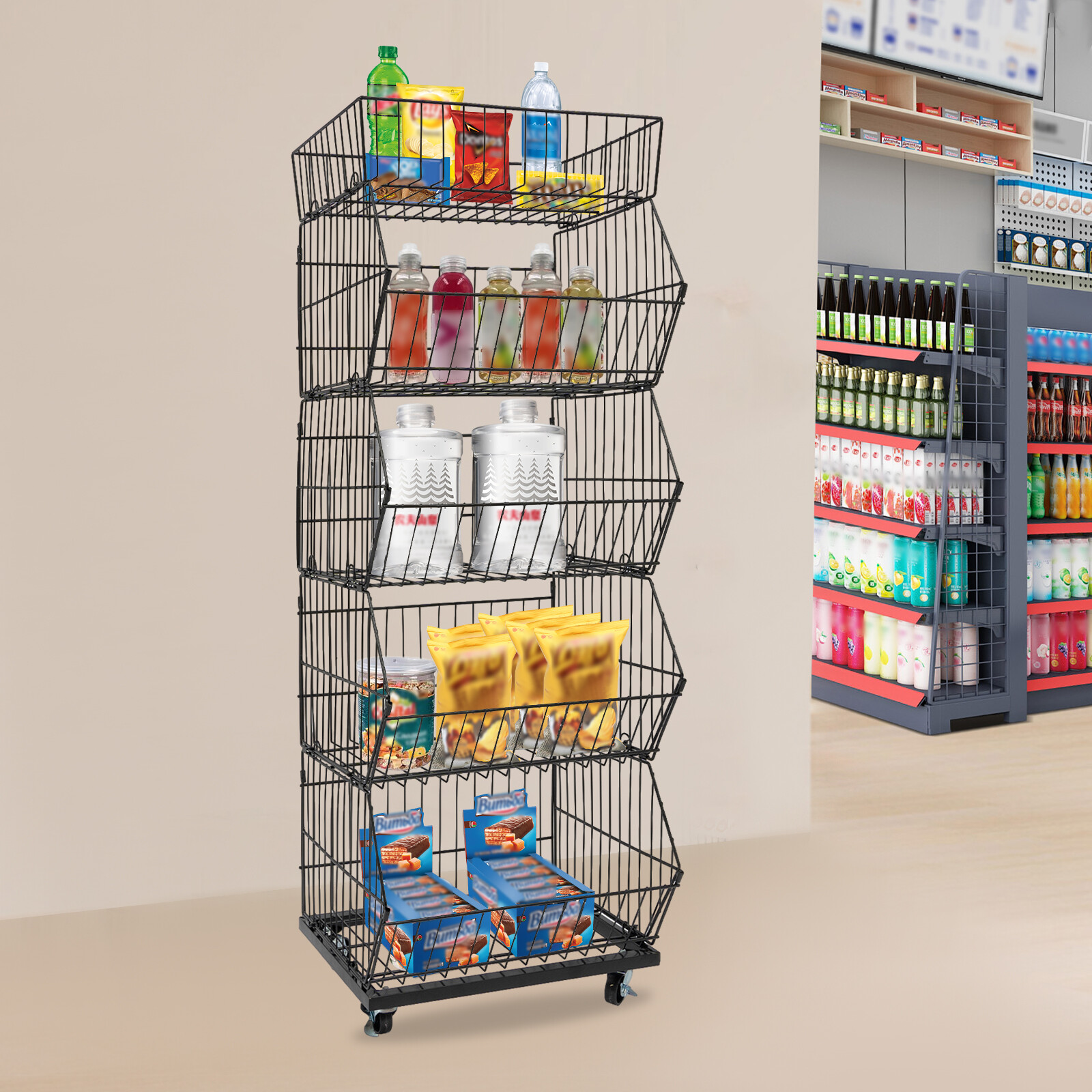 5-Tiers Metal Display Rack Black Movable Merchandise Display Rack Retail Storage
