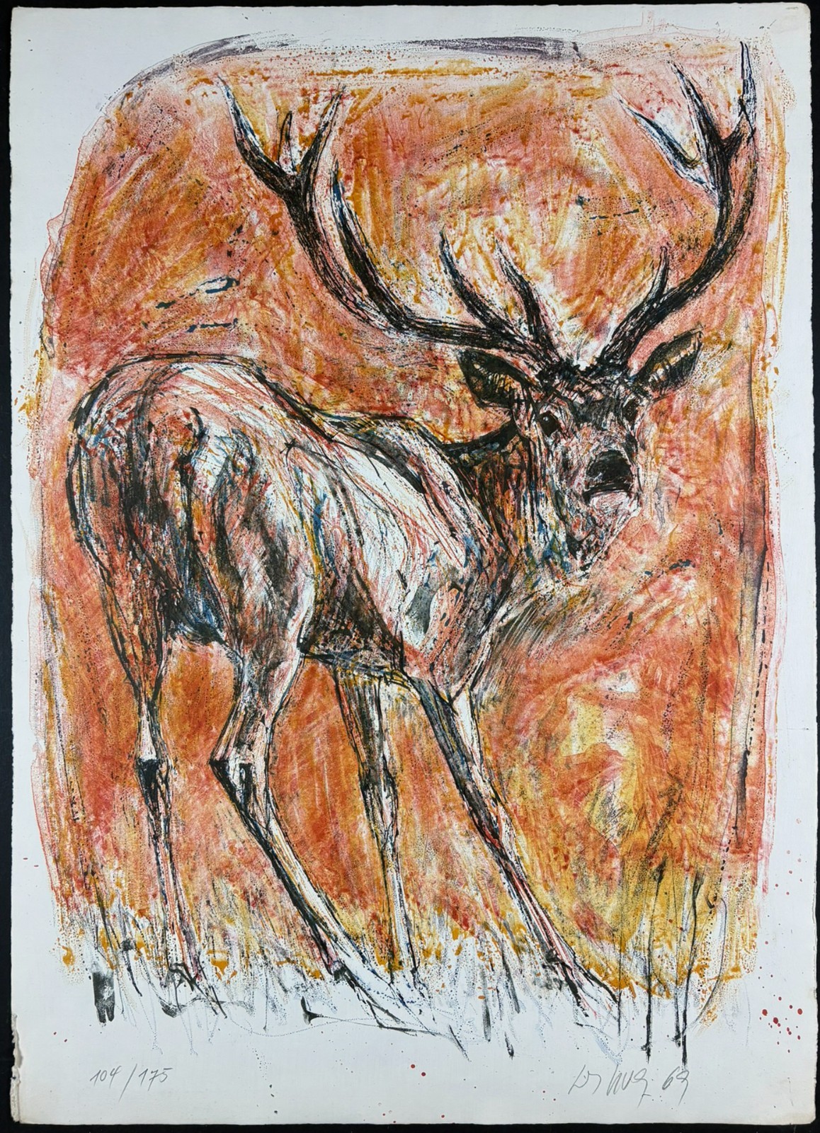Fritz Rudolf Hug Stag Deer Signed Lithograph 104/175 1969 Wildlife Art