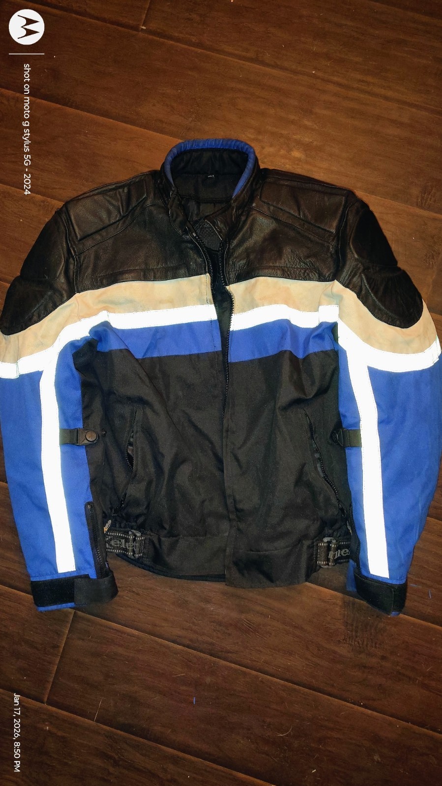 Xelement Men\'s Jacket L Black Blue Leather Padded Motorcycle Biker