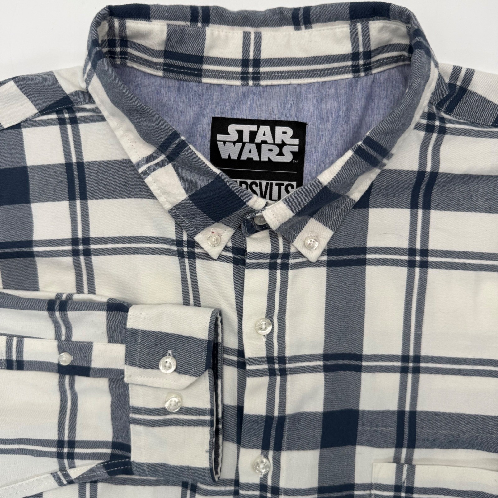 RSVLTS Button Down Men 4XL White Navy Star Wars R2-D2 Plaid Flannel Shirt