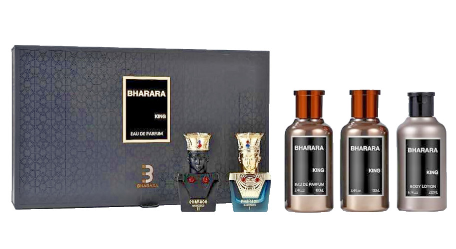 Bharara King 5 PC Set 3.4 EDP Spray After Shave 6.7 lotion .34 Oz Pharaoh Spray Bharara King 5 PC Set 3.4 EDP Spray After Shave 6.7 lotion .34 Oz Pharaoh Spray