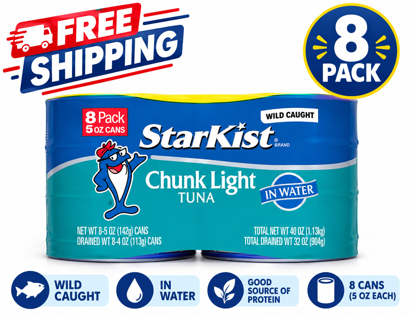 Share StarKist Chunk Light Tuna in Water, Wild Caught, 20g Protein, 5 oz, 8 Cans