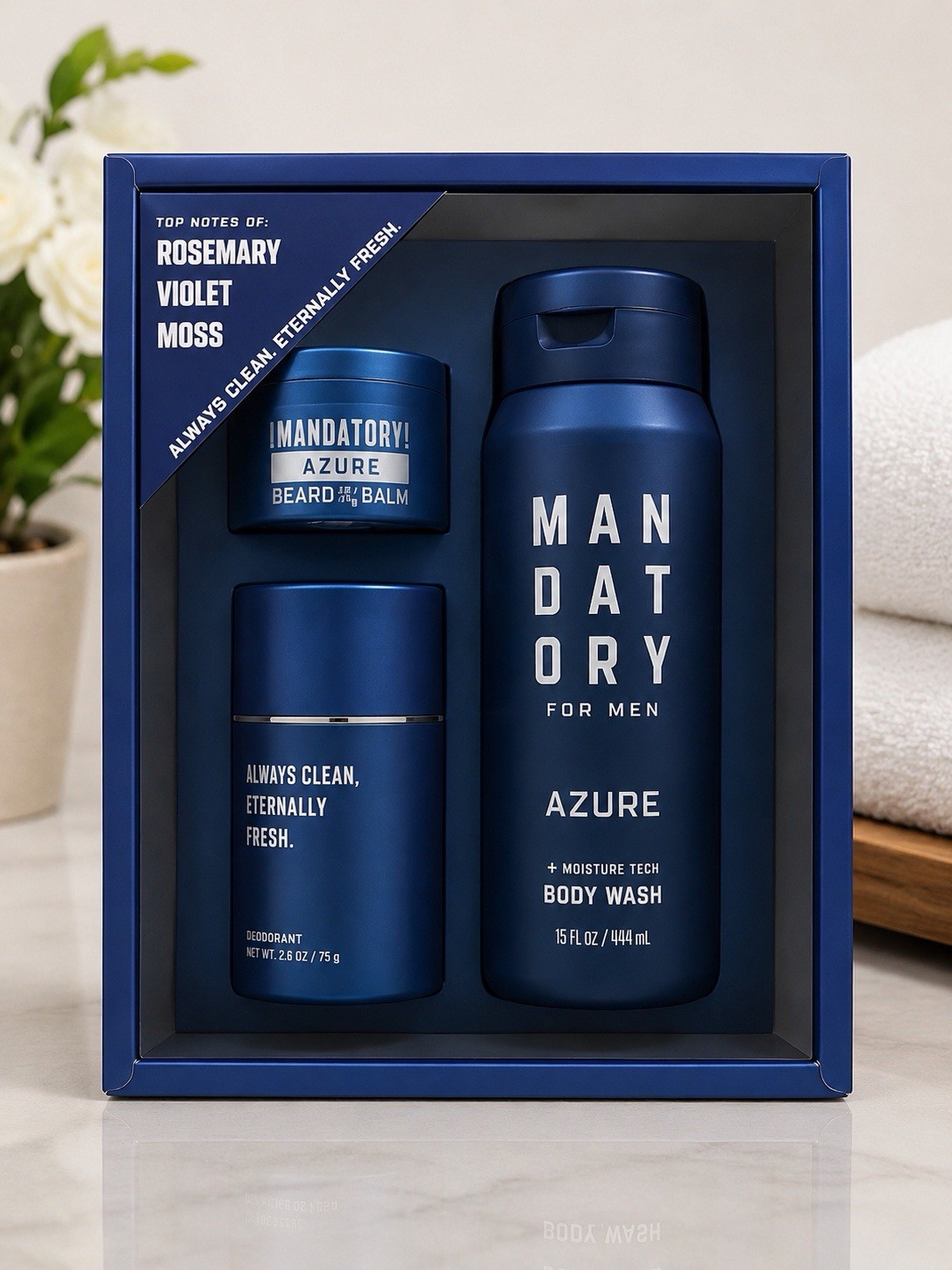 Mandatory Azure Men\'s Grooming Set – Cologne, Body Wash & Beard Balm