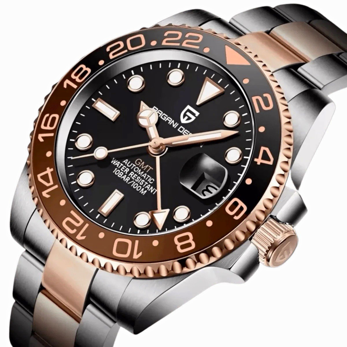 Pagani Design Automatic GMT 40mm Watch Black Dial Date 100m Steel Bracelet