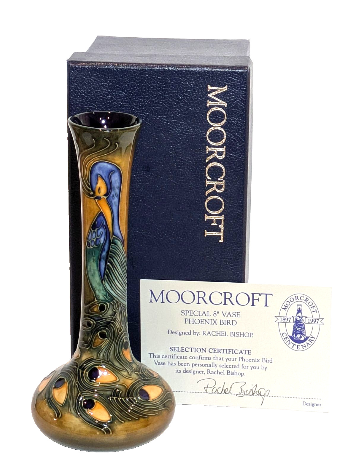 Moorcroft Phoenix Bird 99/8 Vase — Rachel Bishop — MIB with Certificate