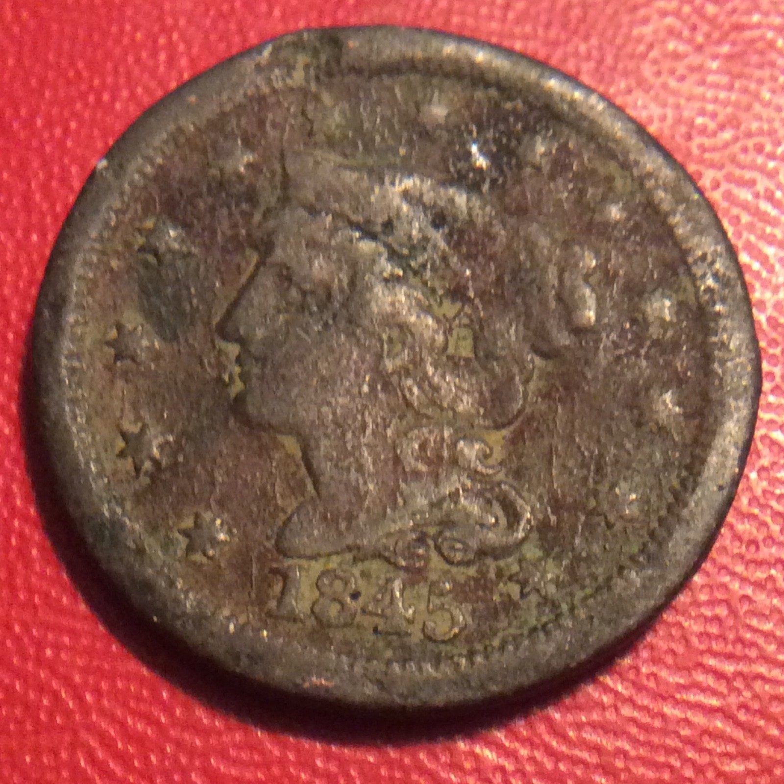 1845 BRAIDED HAIR LARGE CENT BENT I-968 1845 BRAIDED HAIR LARGE CENT BENT I-968